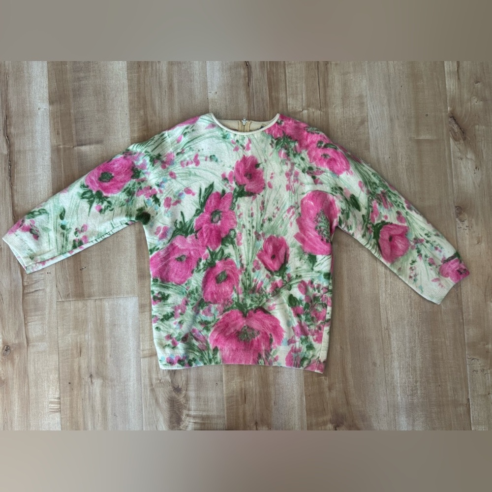 Vintage 60s Cropped Floral Print Short sleeve Sweater Cardigan Top